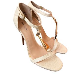 Pour La Victoire Snakeskin Heel Sandal Sz 7.5 Ankle Strap Ivory Leather Open Toe